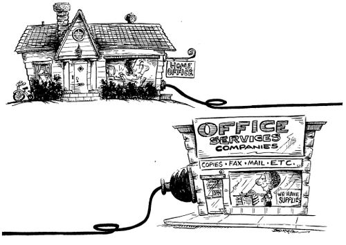 'Home office' worker's house with cable going to 'Office services companies'