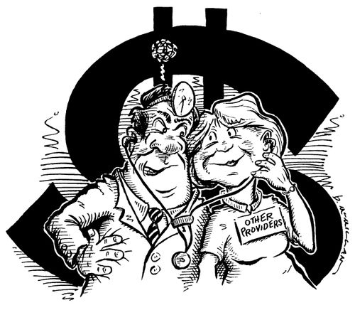 Angry doctor fumes next to a smiling 'Other providers' woman in front of a big dollar sign