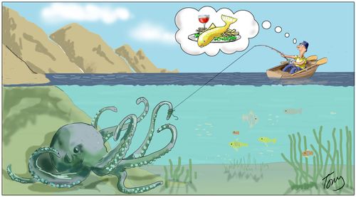 Angler dreams of the fish he thinks he's caught, unaware of his actual catch...an octopus.