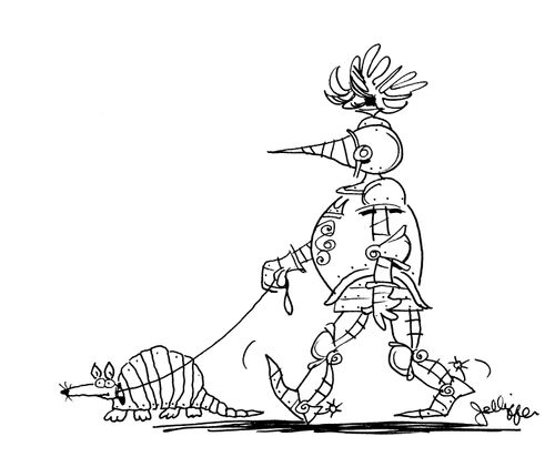 Knight walking his pet armadillo.