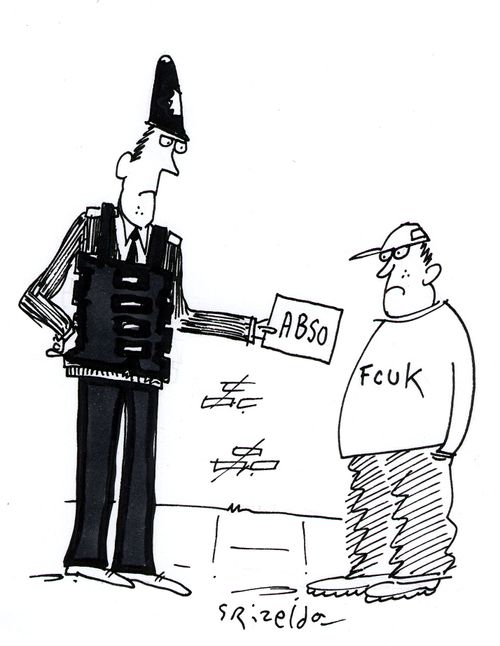 Teenager with FCUK shirt being given an ABSO by policeman.