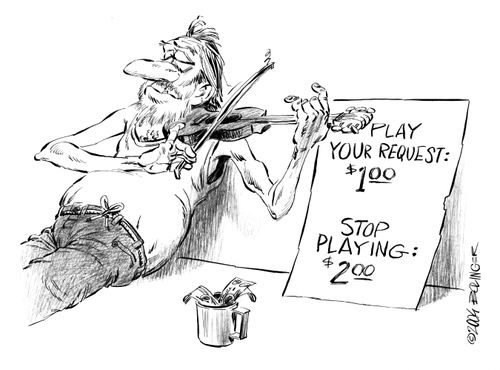 Beggar playing for money, will stop for more money.