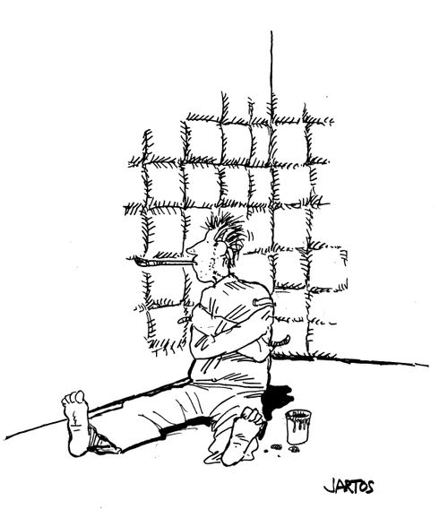 Man in straight jacket paints his own padded cell.