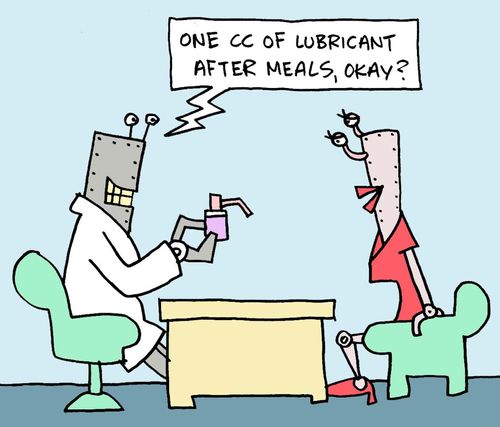 "One CC of lubricant after meals, okay?"