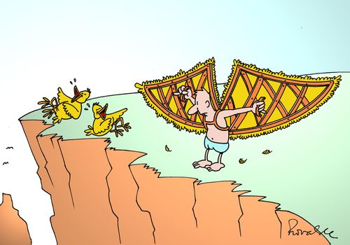 Birds laughing at the man's wings.