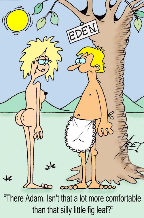 "There Adam.  Isn't that a lot more comfortable than that silly little fig leaf?"