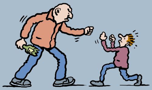 Small weedy guy challenges a large thug holding a broken bottle.