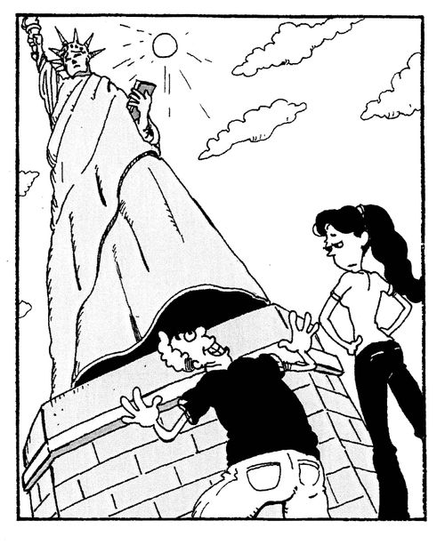 Man tries to peep up the Statue of Liberty's skirts.