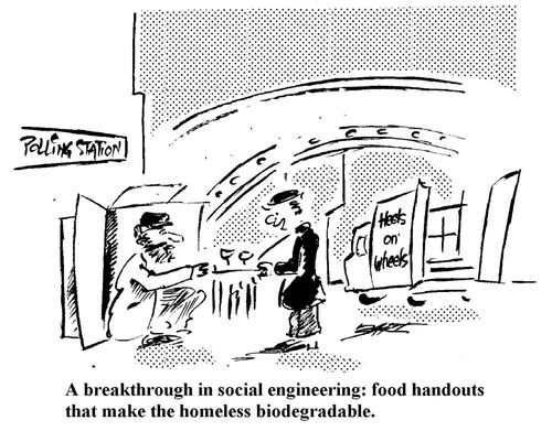 A breakthrough in social engineering - food handouts that make the homeless biodegradable.
