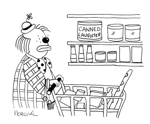 Clown in supermarket looking at a tin of Canned Laughter.