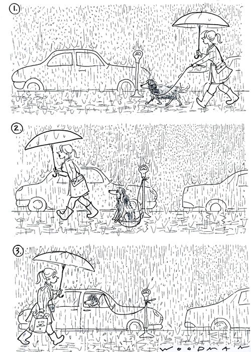 Woman leaves dog in rain...he gets into a car to wait in the dry.