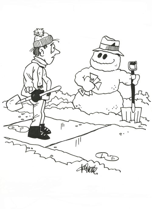 Man goes to shovel walk and a snowman has done it already.