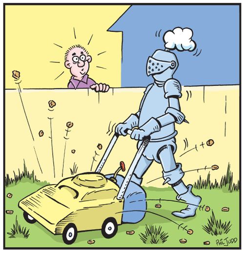 Man look over neighbours fence at a man mowing his lawn. He is wearing a suit of armour to protect him from stones being thrown up by mower.