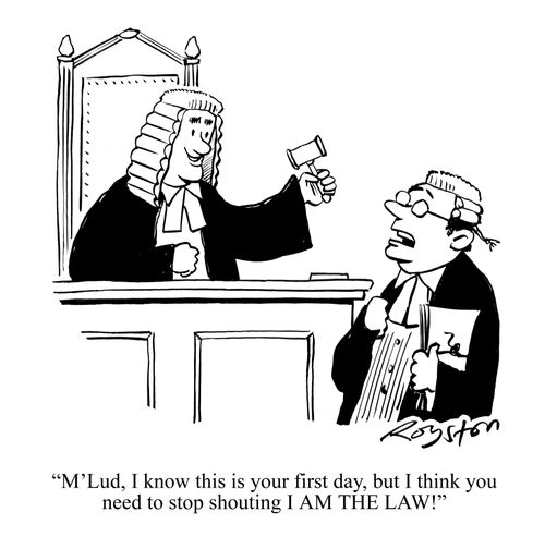 'M'Lud, I know this is your first day, but I think you need to stop shouting I AM THE LAW!'