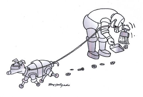 Robot cleaning up after robot dog.