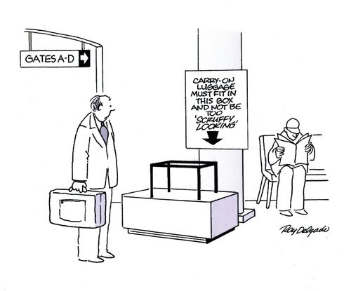 Carry On Luggage Must Fit In This Box And Not Be Too 'Scruffy Looking'.