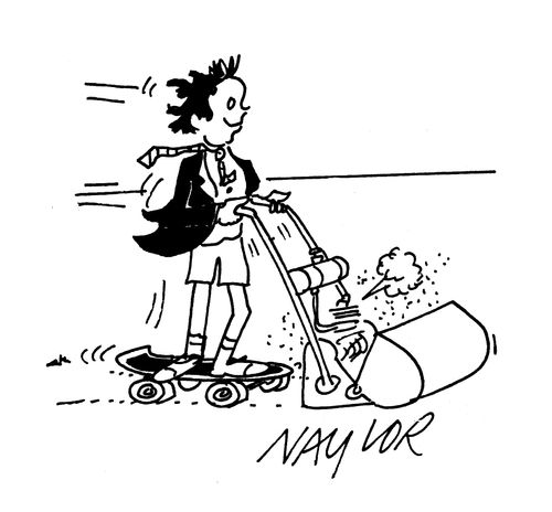 Boy on skateboard being pulled along by lawnmower.