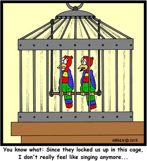 'You know what: Since they locked us up in this cage, I don't really feel like singing anymore. . .'