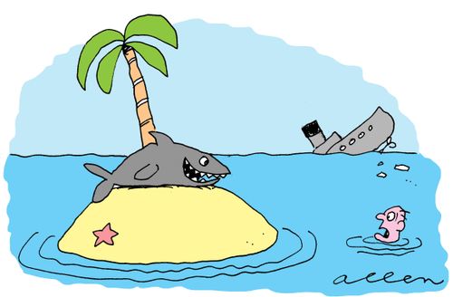 Shipwrecked sailor finds island with shark on it