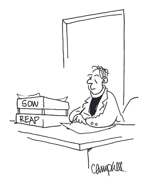 Minister's in/out boxes say sow and reap.