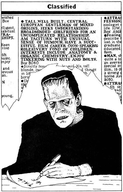 Frankenstein's monster writing a lonely hearts ad.
