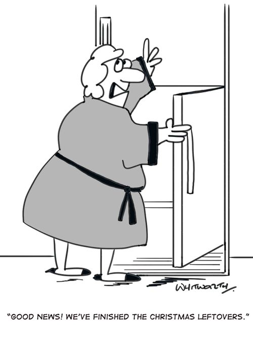 'Good news! We've finished the Christmas leftovers.'