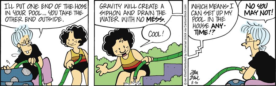 'I'll put one end of the hose in your pool...you take the other end outside...gravity will create a siphon and drain the water with no mess.'