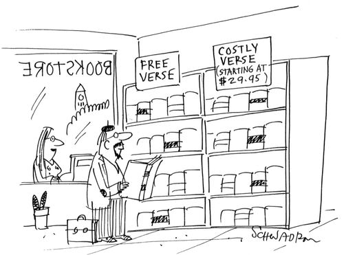 Bookstore with two shelves: Free verse & Costly verse (starting at $29.95)