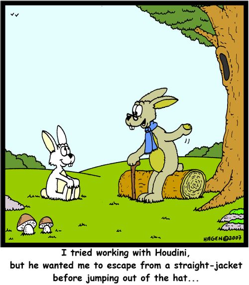 I tried working with Houdini, but he wanted me to escape from a straight-jacket before jumping out of the hat...