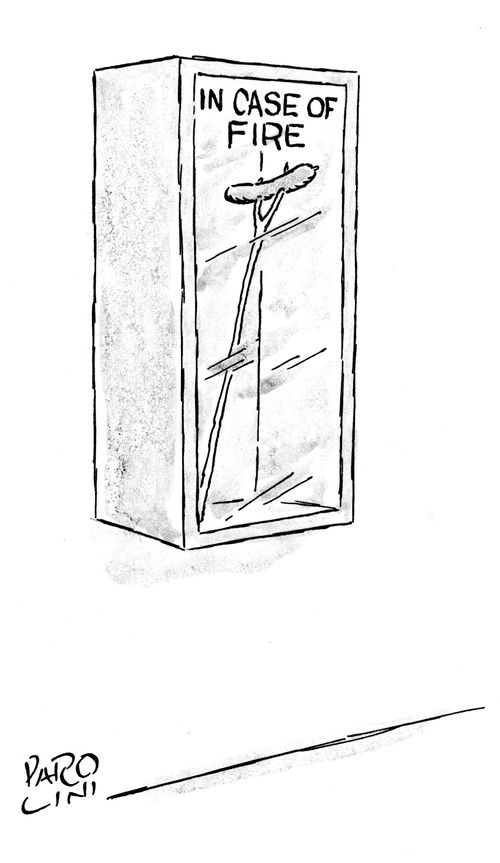 'In case of fire' box with a sausage on a stick inside.