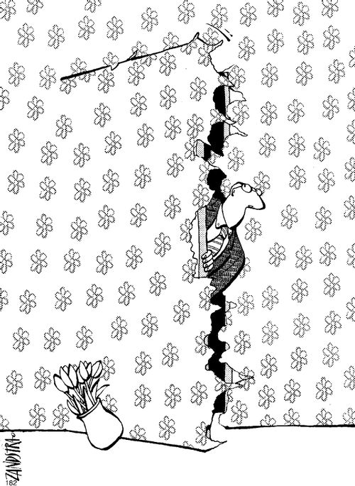 Wallpaper over a door.