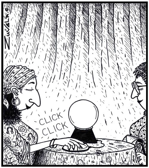 A Fortune-teller clicking on her mouse attached to her crystal ball.