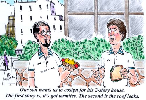 'Our son wants us to cosign for his 2-story house. The first story is, it's got termites. The second is the roof leaks.'
