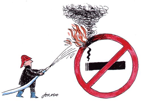 Fireman Extinguishes Fire on No-Smoking Sign.