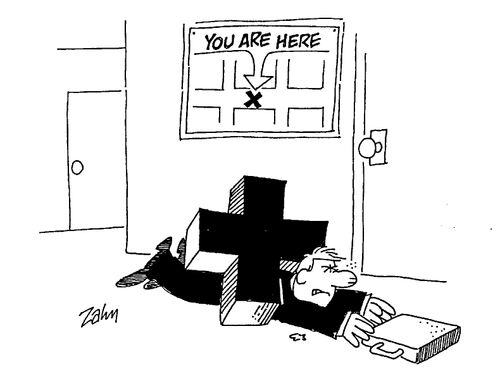 'You are here' sign/ man getting squashed by an 'x'