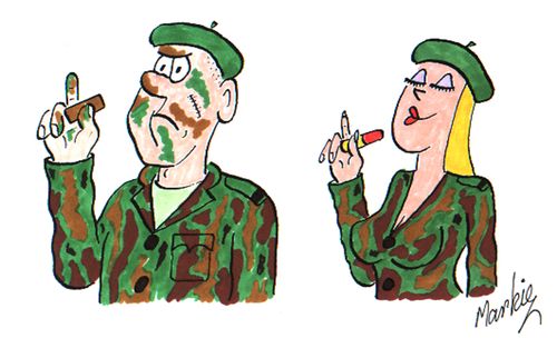 Male Green Beret applying face camouflage - female Green Beret applying lipstick.