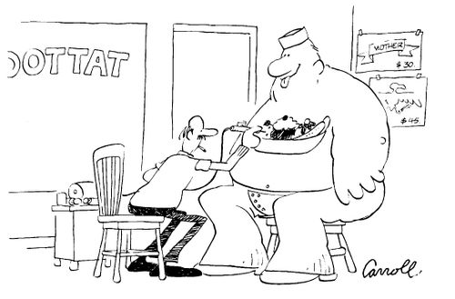 A fat Sailor getting a banana split tattooed on his chest
