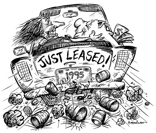 Man with a piggy bank in a car with 'Just Leased' written on the back.