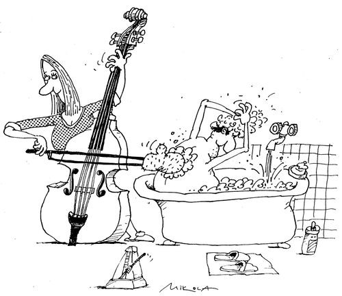 Woman simutaneously playing the cello and washing man in bath's back