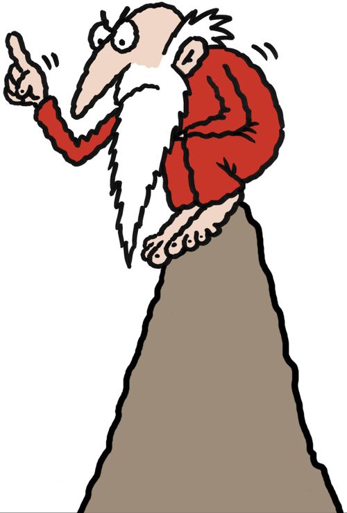 Bearded old man atop mountain.