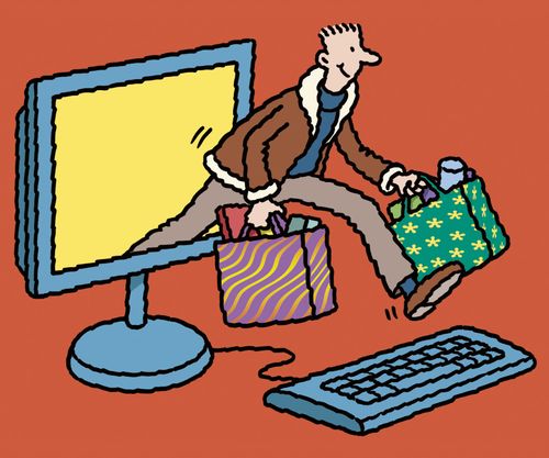 an e-shopper emerging from monitor clutching bags of shopping