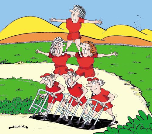 Old aged injured women making a human pyramid in a cheerleading team.