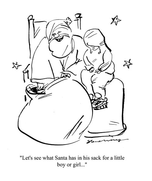 'Let's see what Santa has in his sack for a little boy or girl...'