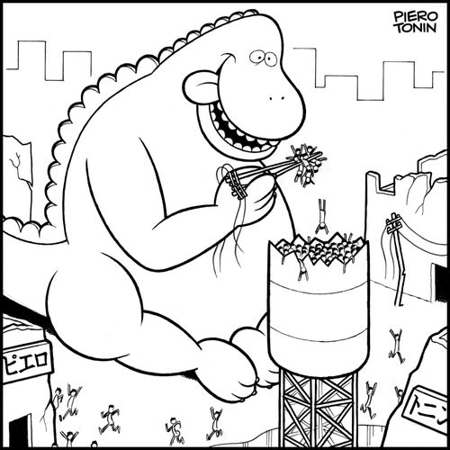 Godzillla eating people using telephone poles as chopsticks.