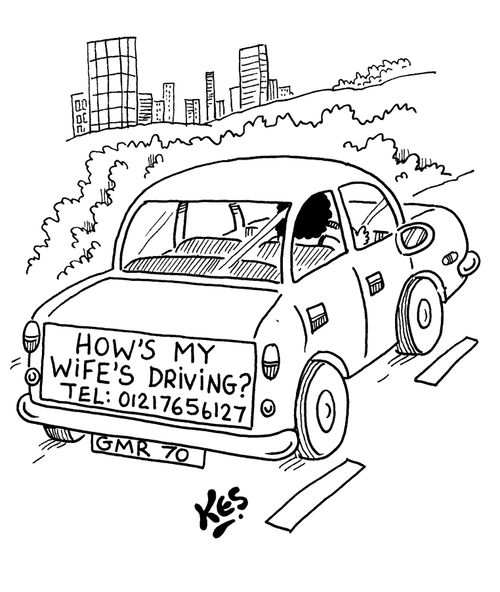 Car sign reads: 'How's my wife's driving?'