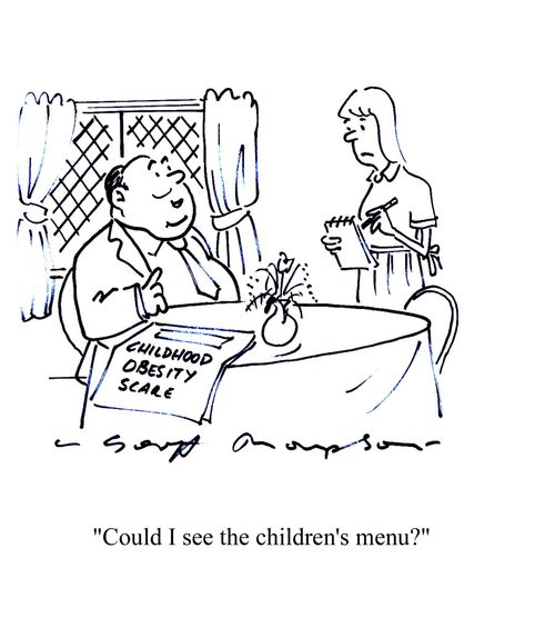 Headline reads 'Childhood obesity scare' - 'Could I see the children's menu?'