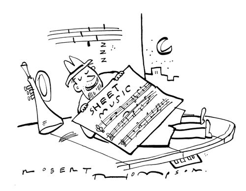 A musician is sleeping rough covered by sheet music.