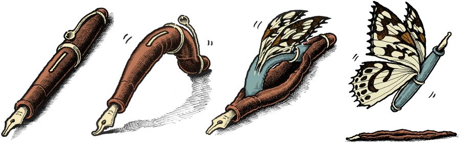 A pen metamorphosing into a butterfly