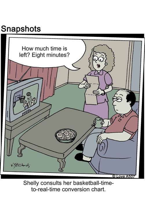 How much time is left? Eight minutes? Shelly consults her basketball-time-to-real-time conversion chart.