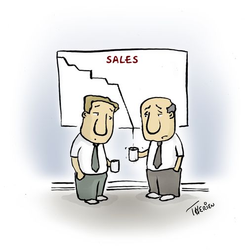 Sales chart drips into coffee cup.